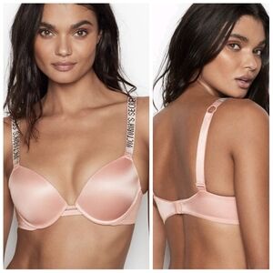 NWT Victoria's Secret Very Sexy Peach Push-Up Bra Rhinestone Logo Straps 32DD